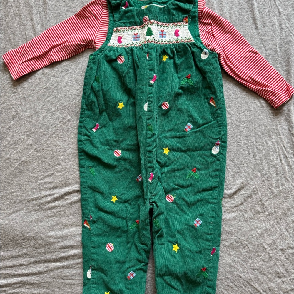 Baby Boden Green Corduroy Overalls with Red Striped Top, embroidered Christmas